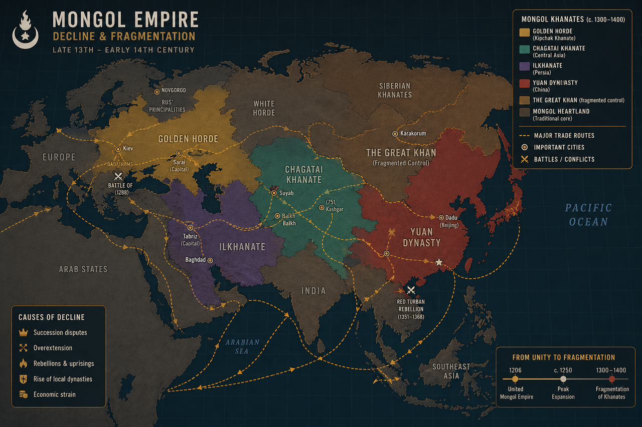 O Império Mongol no auge: o maior território contínuo da história. Conquistado em décadas, fragmentado em menos de um século. Sem base econômica, nenhuma conquista se sustenta.