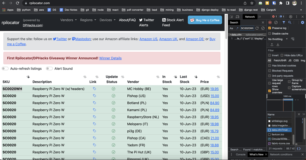 Inspecting Network Tab for API Request on RPILocator Inspecting Network Tab for API Request on RPILocator