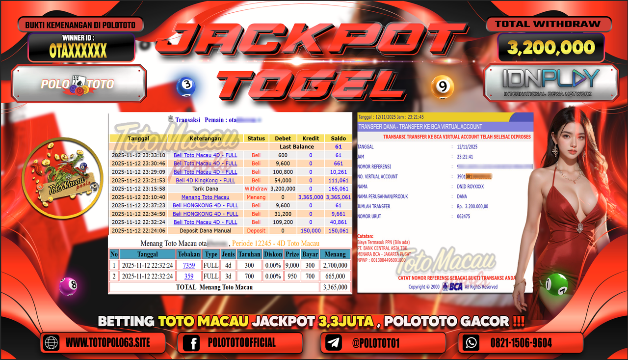 POLOTOTO JACKPOT TOGEL MENANG TOTO MACAU Rp.3.200.000,- LUNAS