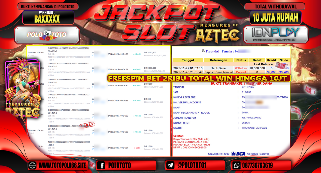 POLOTOTO JACKPOT SLOT TREASURES OF AZTEC Rp.10.000.000,- LUNAS