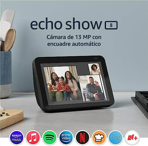 Echo Show 8 (2da Gen) mostrando su cámara de 13MP con cubierta de privacidad.