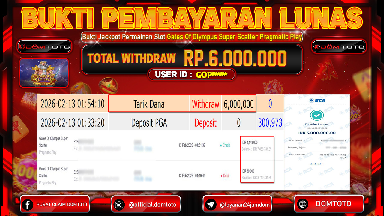 JACKPOT SLOT Menang Slot Gates Of Olympus Super Scatter Pragmatic Play 13 FEBRUARI 2026