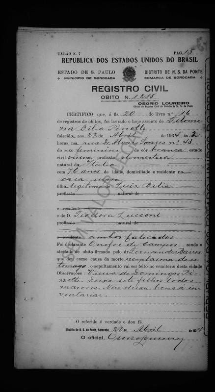 Óbito Filomena Bilia Pinotti