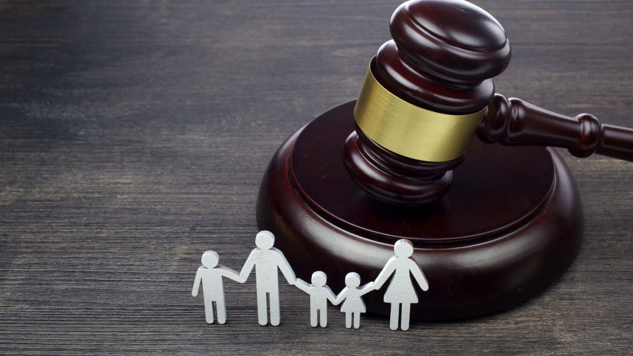 Family law divorce legal proceedings with gavel and court documents