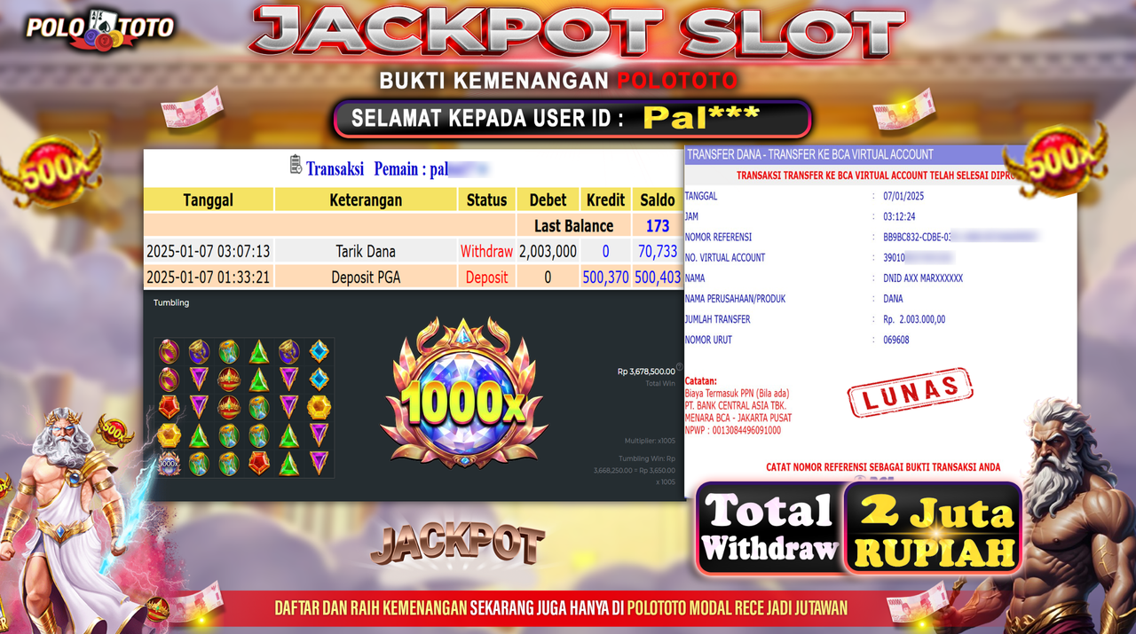 POLOTOTO JACKPOT SLOT GATES OF OLYMPUS 1000 Rp.2,003.000,-