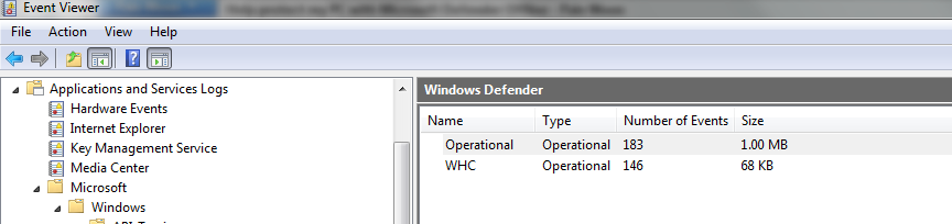 PIC-2 Event Viewer for Windows Defender folder