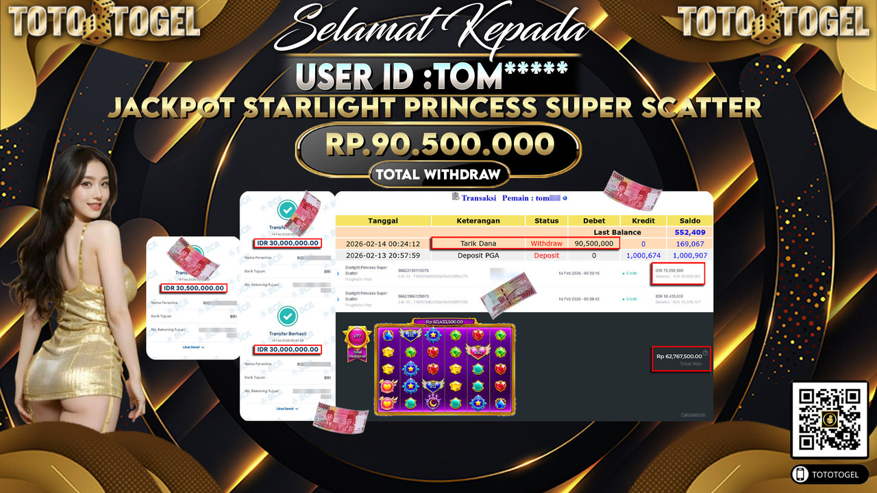 Bukti Pembayaran Jackpot Permainan Slot Starlight Princess Super Scatter ID:TOM*****LUNAS