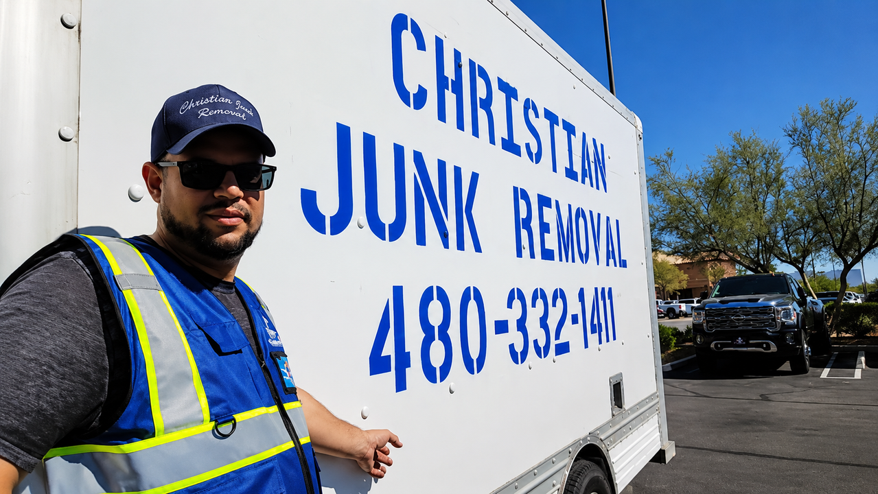 Christian Junk Removal owner and truck serving Scottsdale Cave Creek and North Phoenix Arizona