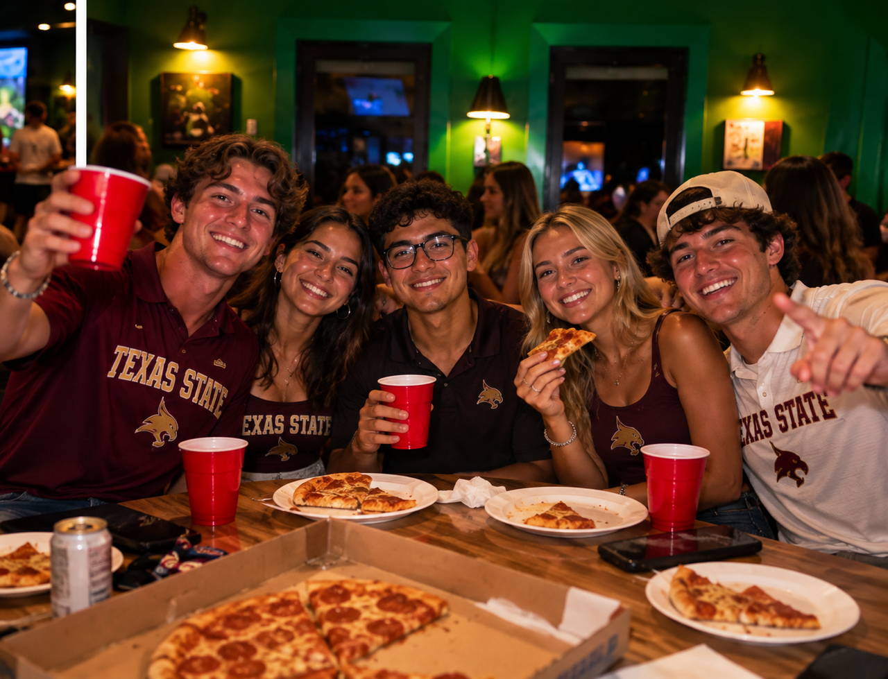 Texas State friends enjoying pizza together