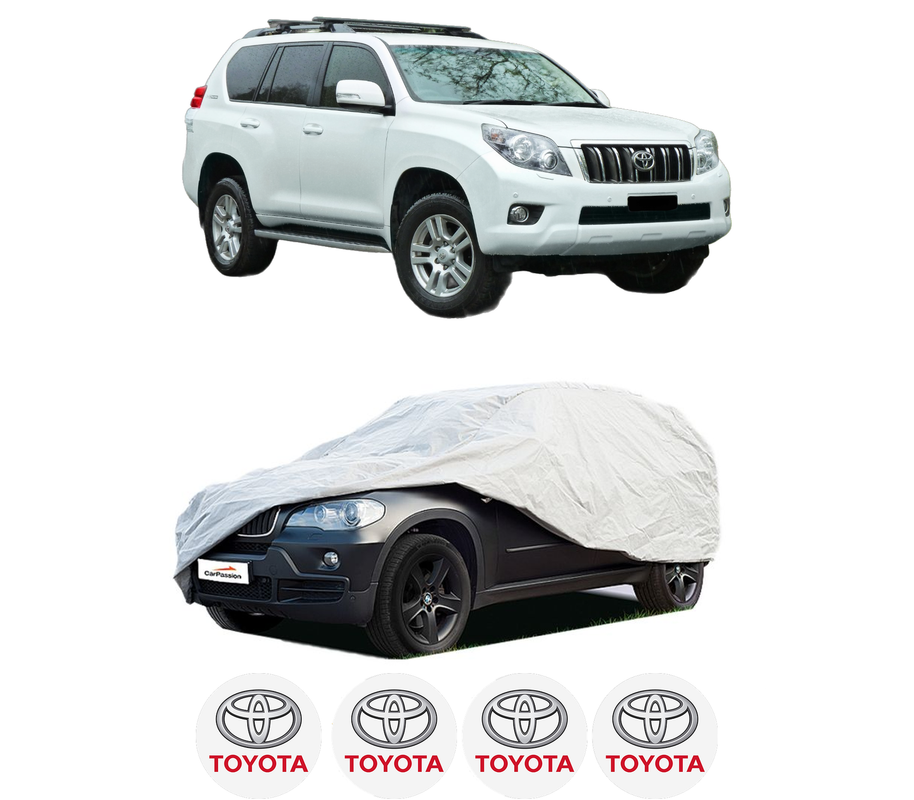 Husa tip prelata auto pentru TOYOTA LAND CRUISER PRADO (_J15_) din 2009-2020, Culoare Gri, material textil impermeabil, rezistanta la intemperii praf UV, CARPASSION Husa Protectie, 4 Stickere auto cu TOYOTA