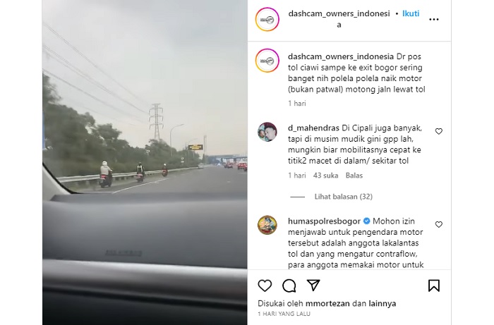 Sebuah unggahan video yang memperlihatkan sejumlah anggota polisi masuk tol naik motor viral di media sosial.