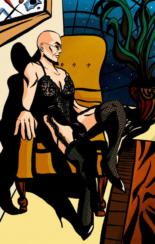 hugo wearing the lingerie that his manikin would normally be wearing. he looks askance towards the viewer.