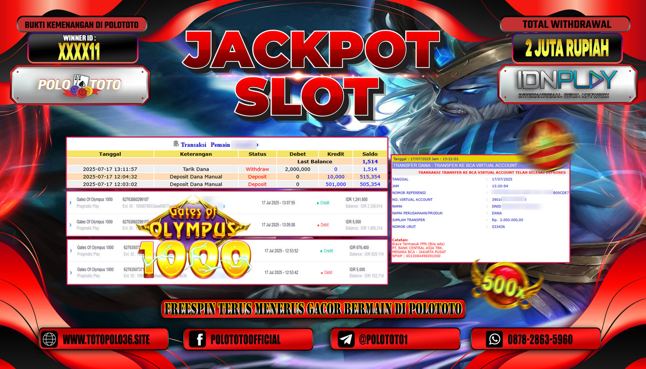 POLOTOTO JACKPOT SLOT GATES OF OLYMPUS 1000 Rp.2.000.000,- LUNAS