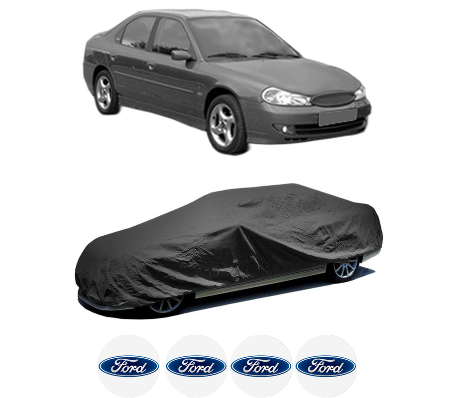 Husa tip prelata auto pentru FORD MONDEO II (BAP) din 1996-2000, Culoare Negru, material textil impermeabil, rezistanta la intemperii praf UV, CARPASSION Husa Protectie, 4 Stickere auto cu FORD