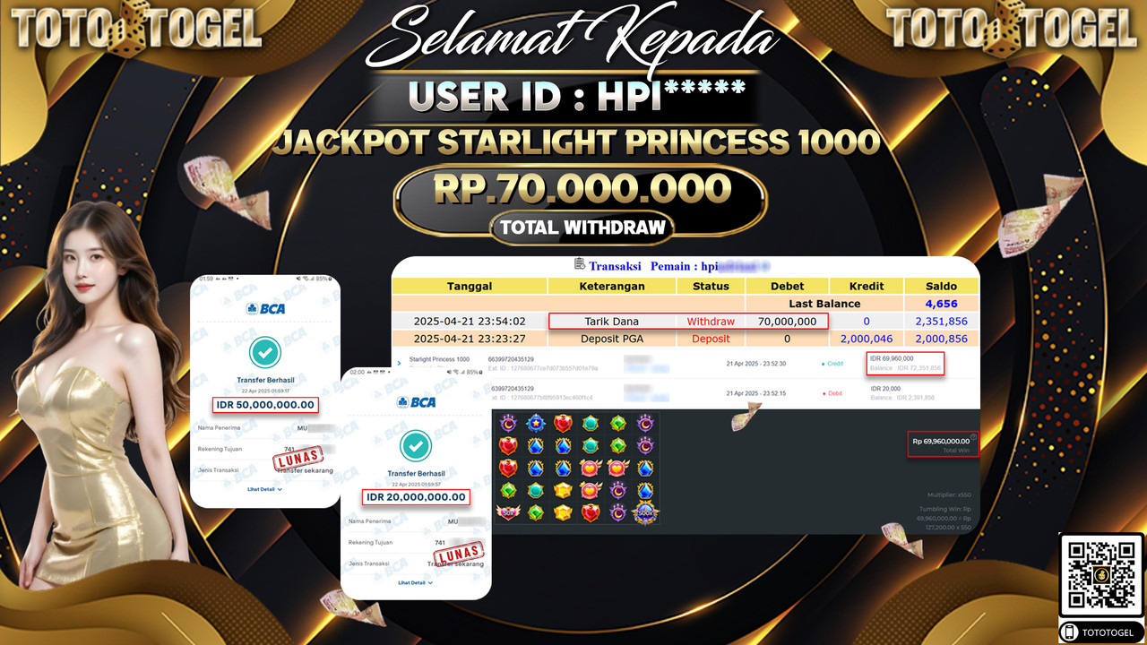 Bukti Pembayaran Jackpot  Permainan Slot Starlight Princess 1000 ID:HPI***** LUNAS
