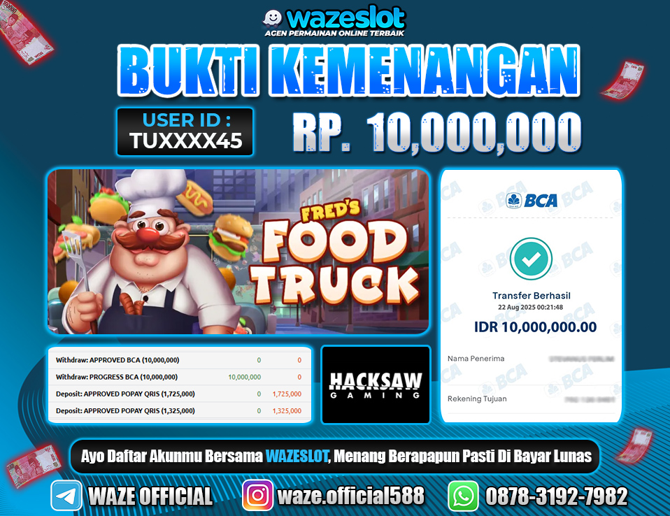 BUKTI KEMENANGAN 22 AGUSTUS 2025 GAME FRED'S FOOD TRUCK ( HACKSAW GAMING )