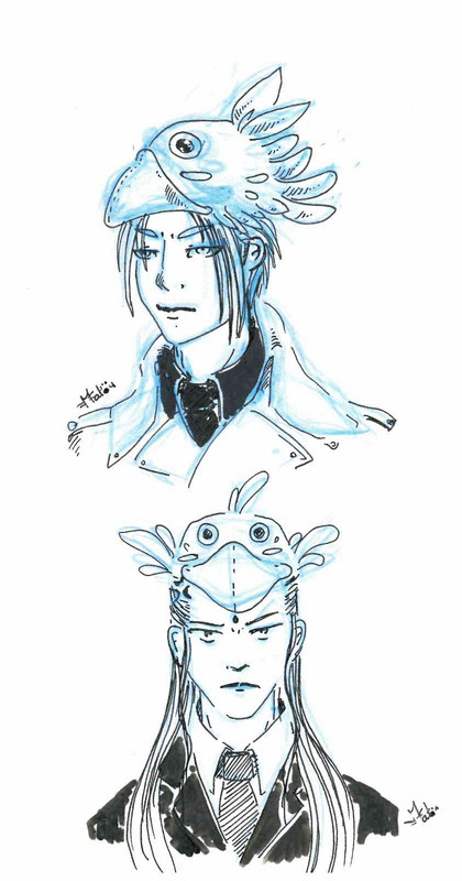 Dessin de Rufus et Tseng, portant des casquettes chocobos. 