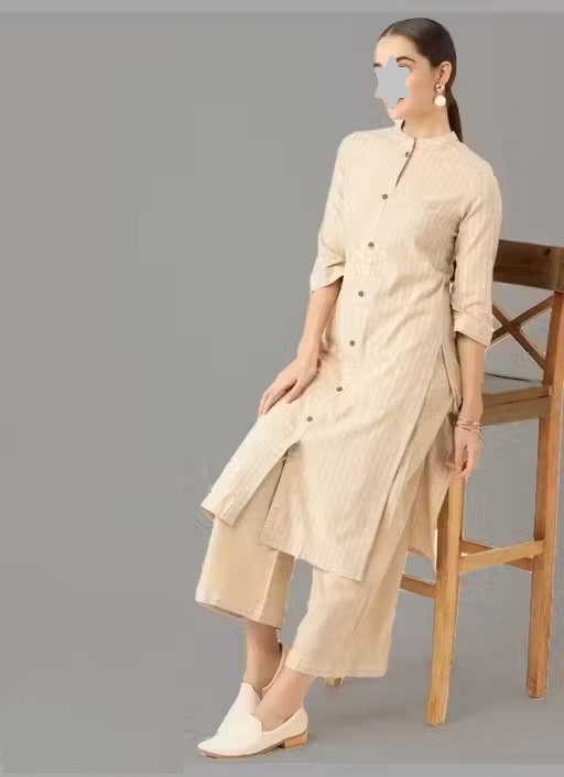 Maadwara Women Beige Cotton Striped Kurta With Palazzos Color 1 (KS143)