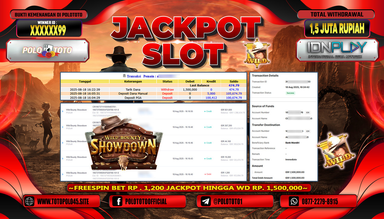 POLOTOTO JACKPOT SLOT WILD BOUNTY SHOWDOWN Rp.1.500.000,- LUNAS