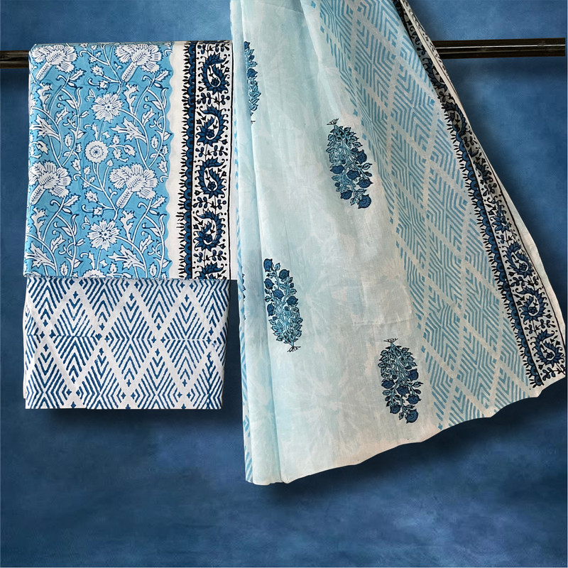 Blue Blossom Hand Block Printed Cotton Dress Material