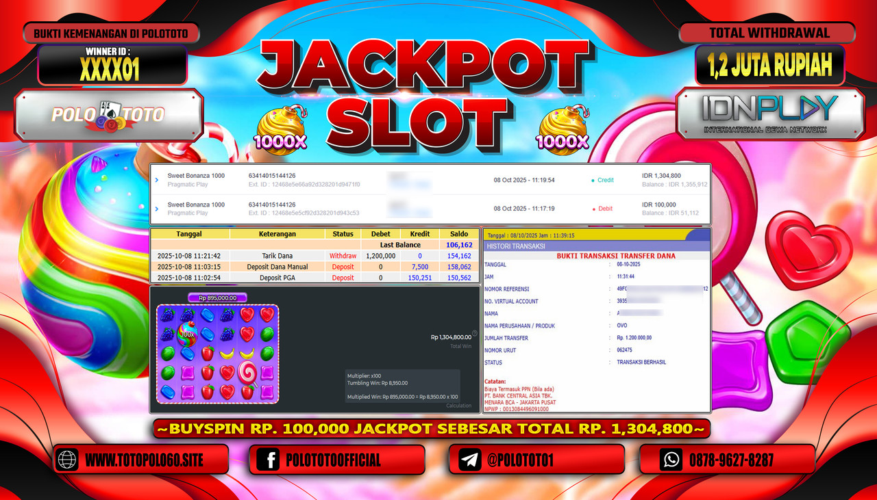 POLOTOTO JACKPOT SLOT SWEET BONANZA 1000 Rp.1.200.000,- LUNAS