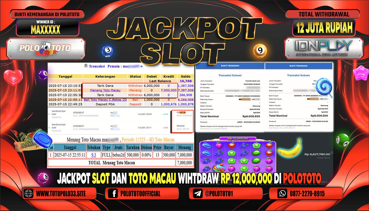 POLOTOTO JACKPOT SLOT SWEET BONANZA Rp.12.000.000,- LUNAS