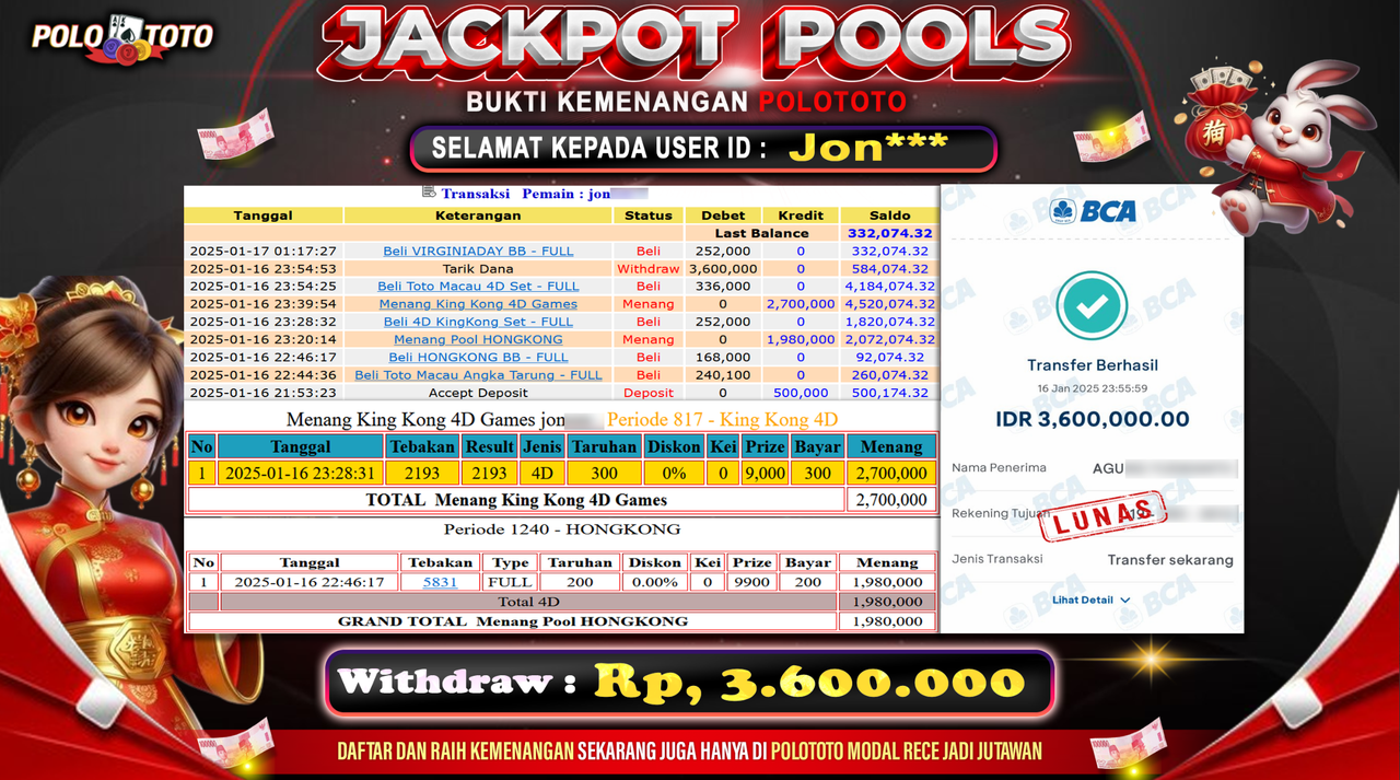 POLOTOTO JACKPOT TOGEL PASARAN HONGKONG & KING KONG 4D Rp.3,600.000,-