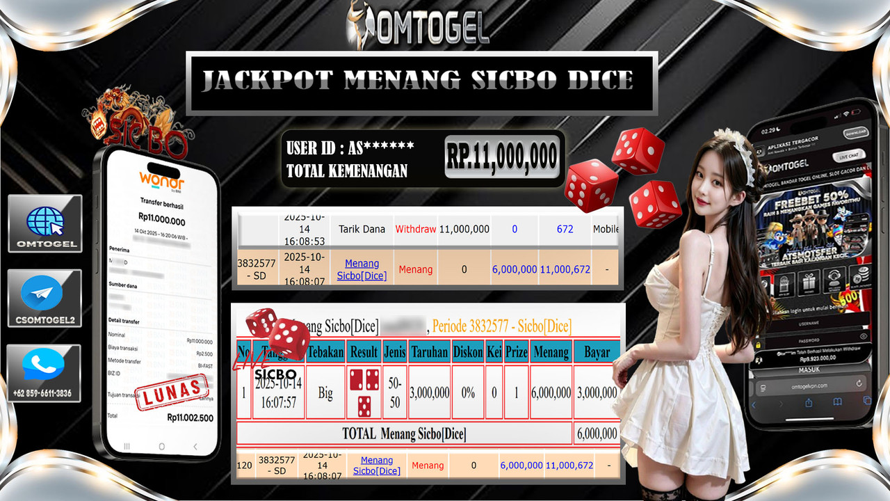 OMTOGEL JACKPOT LIVE GAMES SICBO DICE 11 JUTA DI BAYAR LUNAS ,-