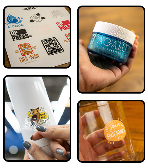 Exemplos de impressão DTF UV em itens rígidos como capas de celular e adesivos, mostrando brilho e durabilidade.
