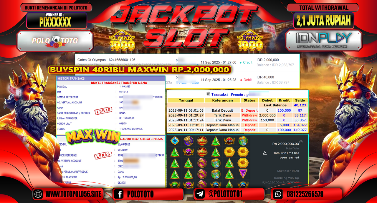 POLOTOTO JACKPOT SLOT GATES OF OLYMPUS 1000 Rp.2.150.000,-