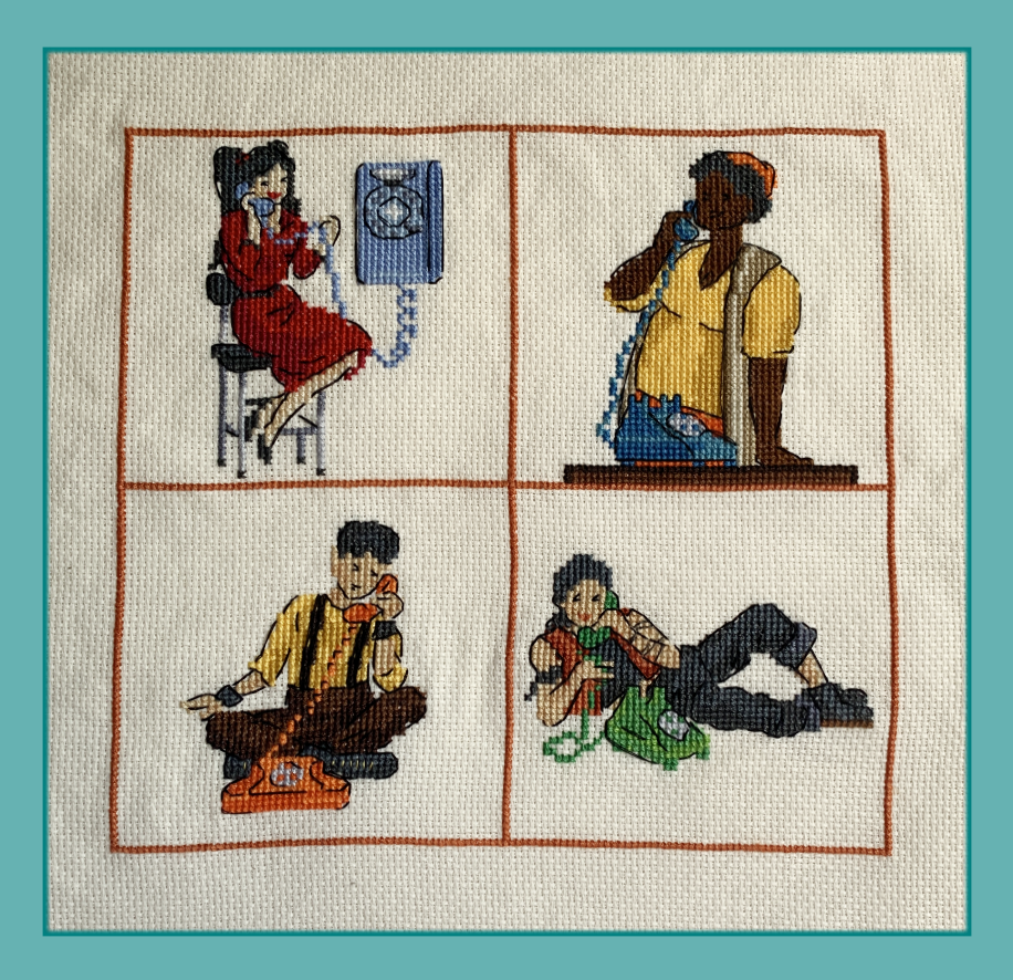 Garlic soup on the phone. Four square images arranged in a square. Top left is Zheng in a red dress, perched on a tall stool and talking on a blue wall telephone. Top right is Olu, dressed in a yellow top and her orange hat, talking on a blue telephone. Bottom left is Jim, seated cross legged and wearing brown trousers with suspenders and a yellow shirt, talking on an orange telephone. Bottom right is Archie in her black pants red vest combo, in a lounging position, talking on a green telephone.