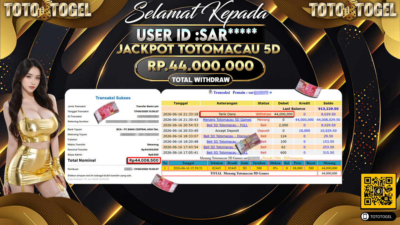 Bukti Pembayaran Jackpot Permainan Togel Totomacau 5D ID:SAR*****LUNAS
