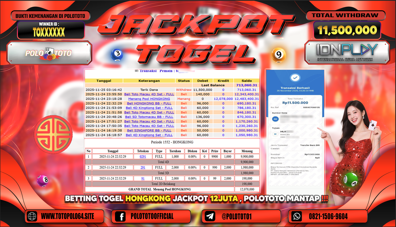 POLOTOTO JACKPOT TOGEL MENANG HONGKONG LOTTO Rp.11.500.000,- LUNAS