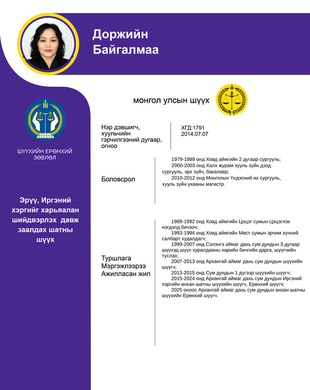 Эрүү, иргэний хэргийг харьяалан шийдвэрлэх давж заалдах шатны шүүхийн шүүгчид нэр дэвшигч Д.Байгалмаагийн мэргэжлийн үйл ажиллагааны танилцуулга