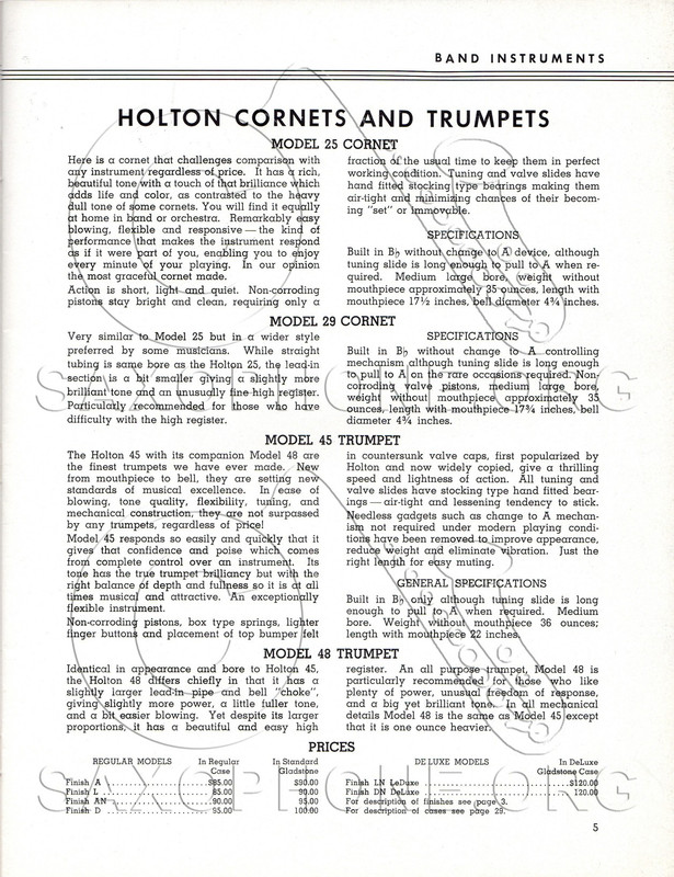 1939 Band Instruments by Holton Catalog No 121 pg 6 Model 25 specs 35oz 17 5in 4 75 bell