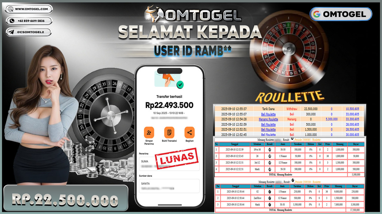 OMTOGEL JACKPOT LIVE GAMES ROULETTE 22 JUTA DI BAYAR LUNAS ,-