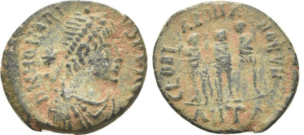 AE4 (nummus) a nombre de Honorio. GLORIA ROMANORVM. Tres emperadores. Antioquía Honorio-3-emp-antioquia