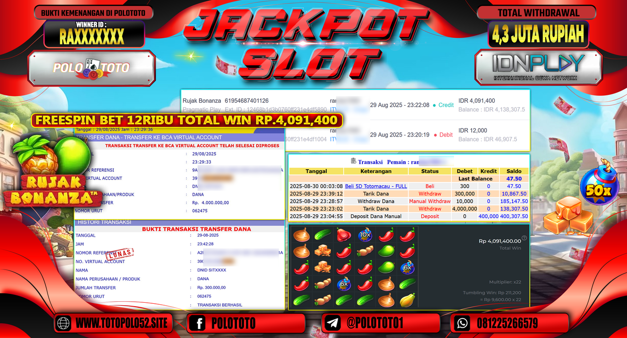 POLOTOTO JACKPOT SLOT RUJAK BONANZA Rp.4.300.000,-