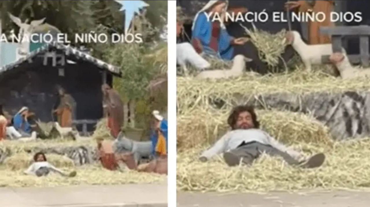 Hombre se hace viral por quedarse dormido en un nacimiento