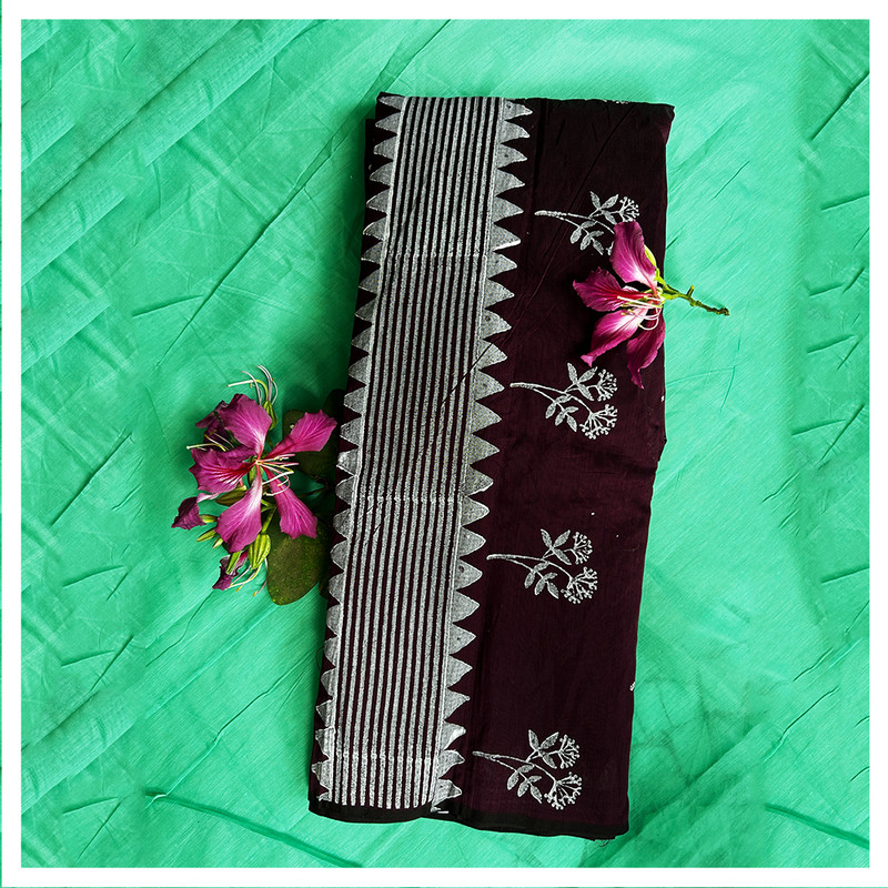 Hand Block Printed Wine Color Saree with White Delicate Design