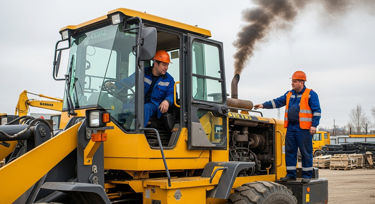 Механик проверяет дизельный двигатель спецтехники на строительном объекте, обсуждение работы Weichai WP6G125E22, понимания признаков неисправности