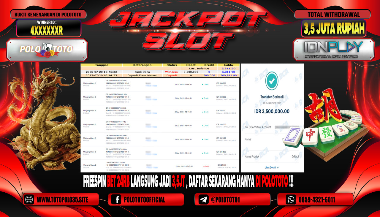 POLOTOTO JACKPOT SLOT MAHJONG WAYS 2 Rp.3.500.000,- LUNAS