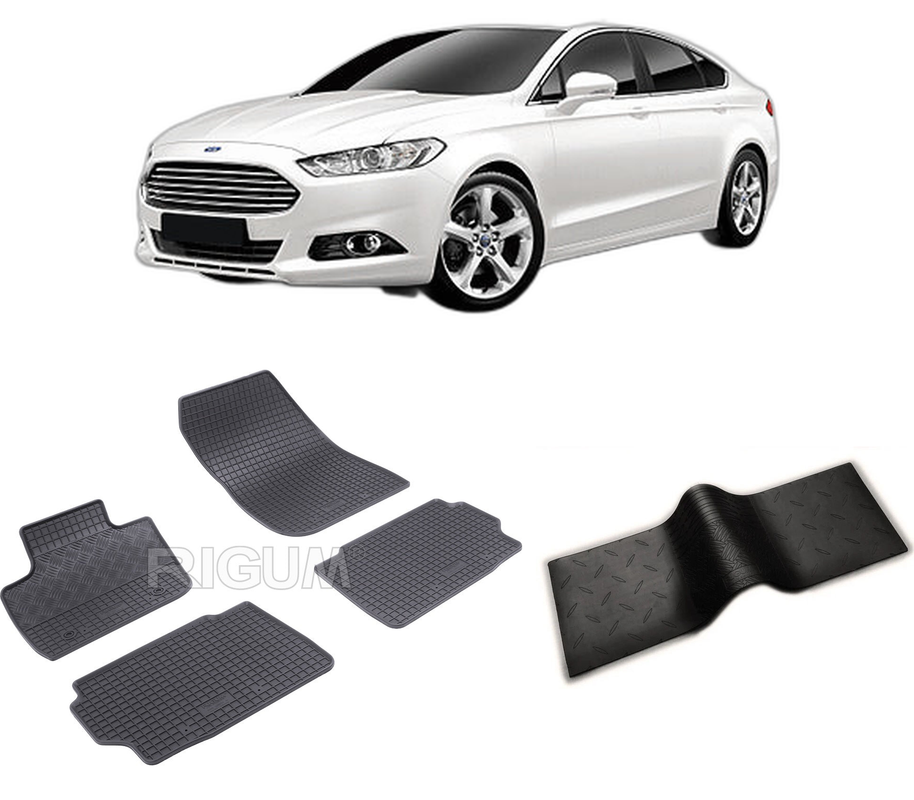Set covorase auto FORD MONDEO V din 01.2015-04.2022, cu covoras tunel median, CAROSERIE HATCHBACK, Presuri cauciuc 100%, compatibil cu autoturismul FORD MONDEO V, Rigum