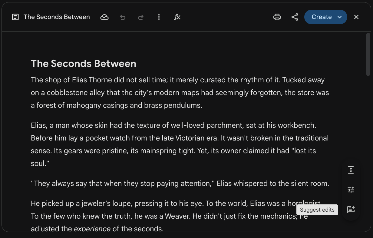 Gemini Canvas workspace: chat pane on the left, editable Canvas document on the right