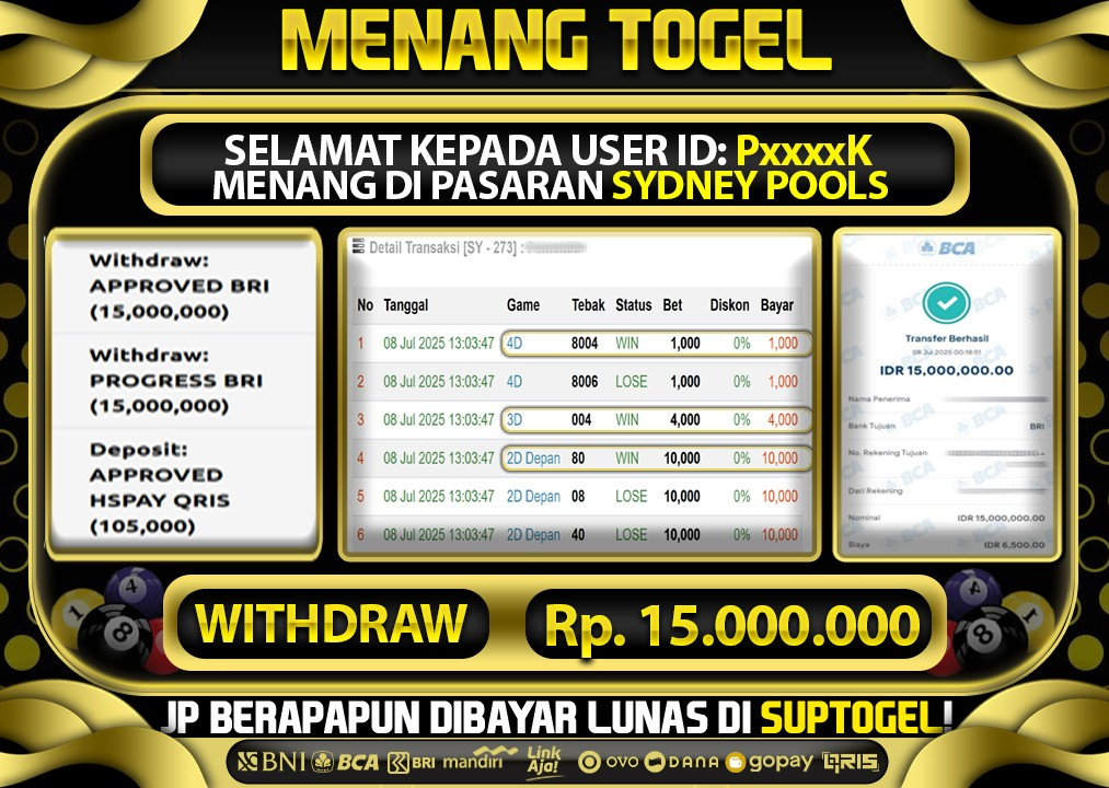  BUKTI KEMENANGAN 8 JULY 2025 MENANG DI PASARAN SYDNEY POOLS TOTAL WD 15 JUTA