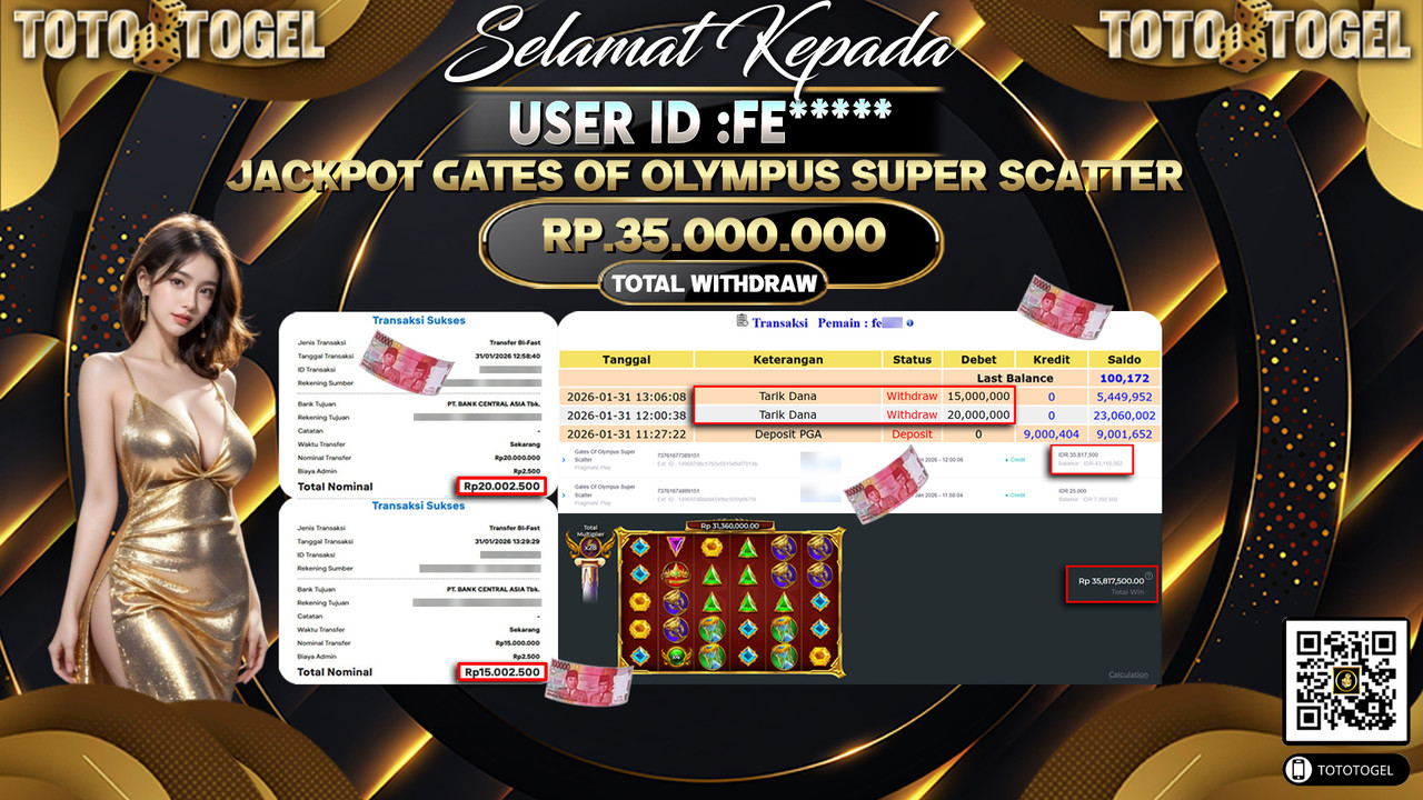 Bukti Pembayaran Jackpot Permainan Slot Gates Of Olympus Super Scatter ID:FE*****LUNAS