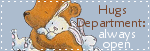 a blinkie with a drawing of a bear hugging a rabbit, text over it says, Hugs Department, always open.