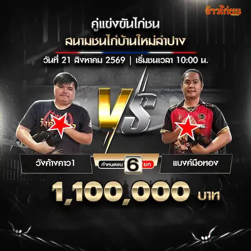 โปรแกรมไก่ชน สนามชนไก่บ้านใหม่ลำปาง 21 สิงหาคม 2569 วังค้างคาว 1 พบ แบงค์มือทอง