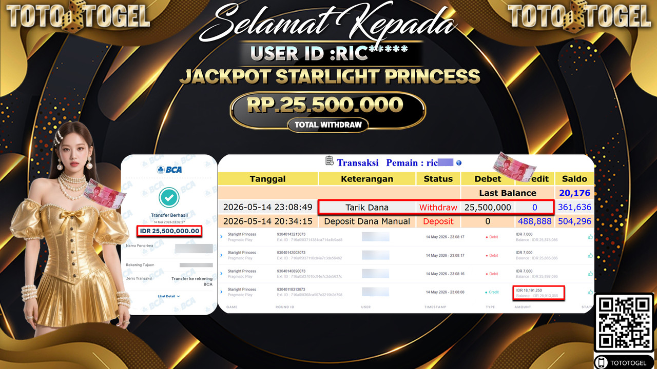 Bukti Pembayaran Jackpot Permainan Slot Starlight Princess ID:RIC***** LUNAS