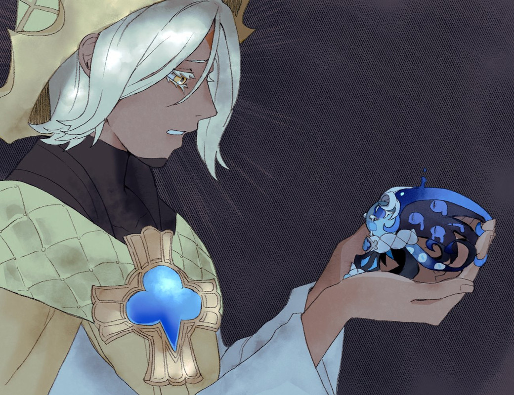 Pure Vanilla in his human form looking distressed whilst holding a crying Shadow Milk Cookie in his palms.